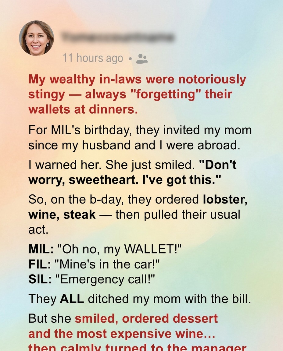 My In-Laws Tried to Skip Out on a $1,500 Dinner Bill — But My Mom’s Brilliant Comeback Left Them Speechless