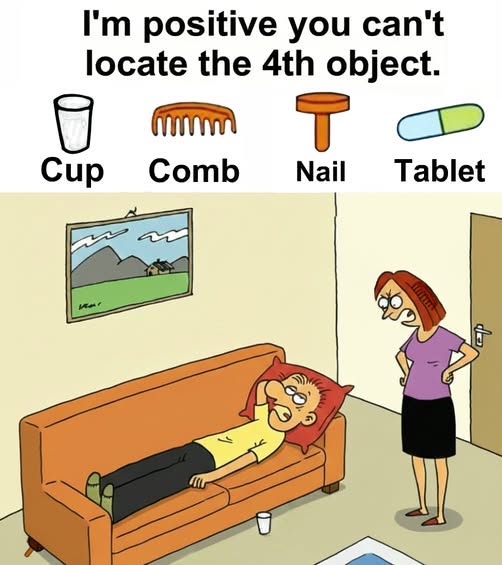 Find Cup, Comb, Nail, Tablet.
