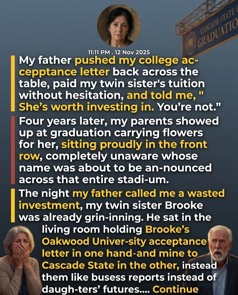 My dad slid my college letter back across the table, paid for my twin sister on the spot, and told me, “she’s worth the investment. You’re not.”…