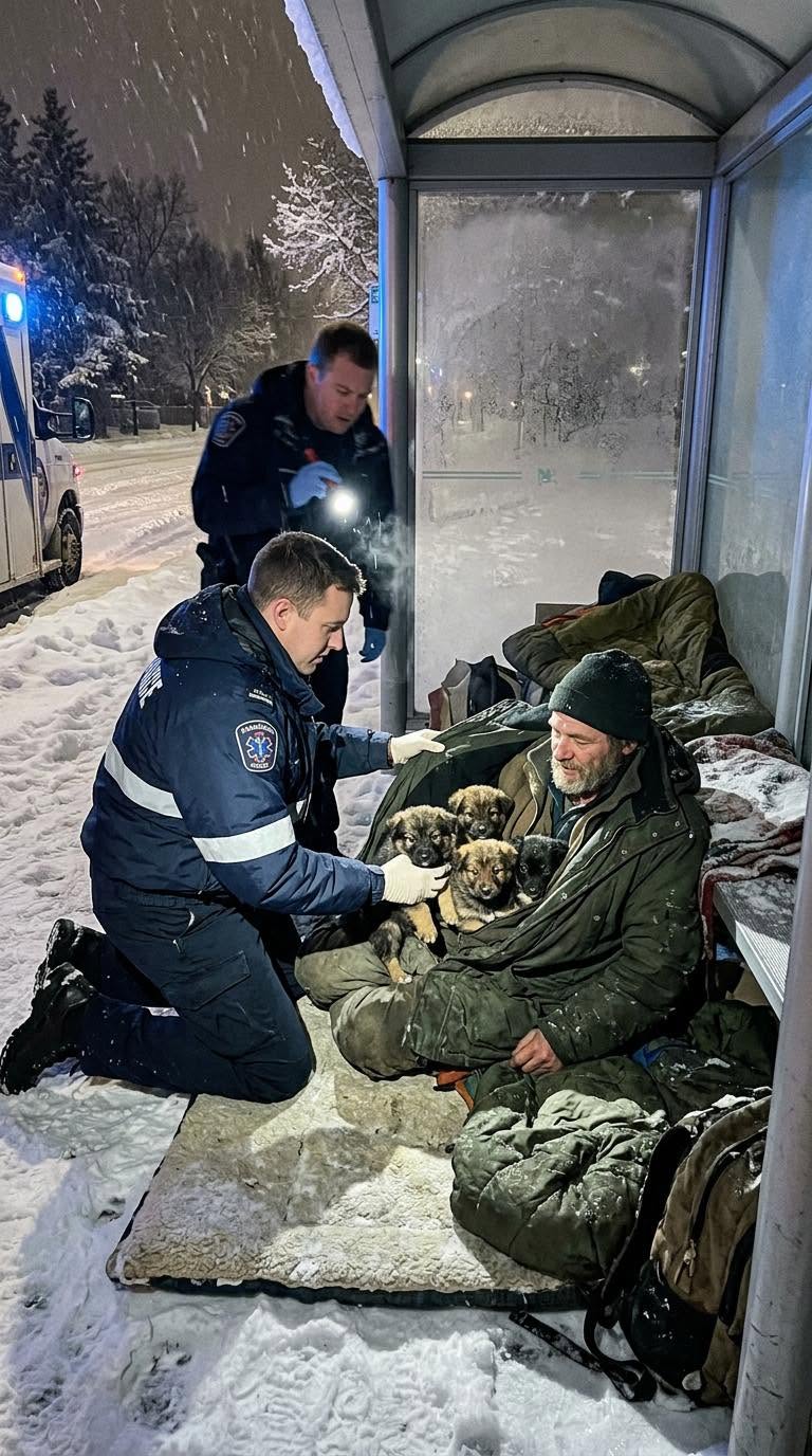 During a Record-Breaking Winter Storm That Turned the Entire City Into a Frozen Landscape of Ice and Silence, a Homeless Man Was Found Lying Motionless Under a Bus Shelter, and Everyone Assumed the Worst—Until Paramedics Carefully Opened His Coat and Revealed Four Fragile Puppies That Had Been Hidden Against His Chest and Kept Alive by His Body Heat Alone