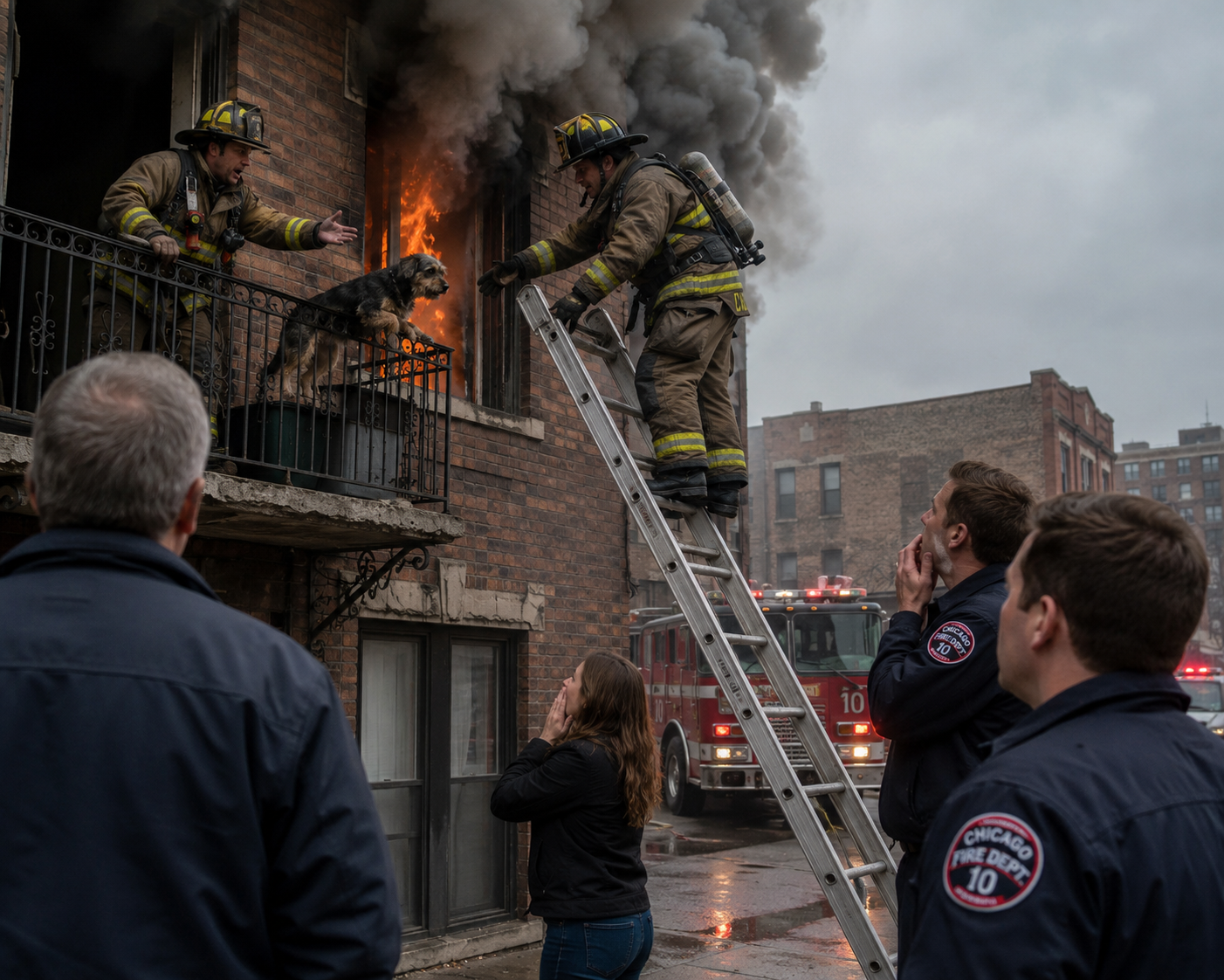 Firefighters Thought the Dog Had Finally Been Saved From the Second-Floor Balcony Surrounded by Flames and Thick Black Smoke… But In a Completely Unexpected Moment, He Jumped Back Into the Burning Hallway Leaving Everyone Frozen in Shock and Confusion